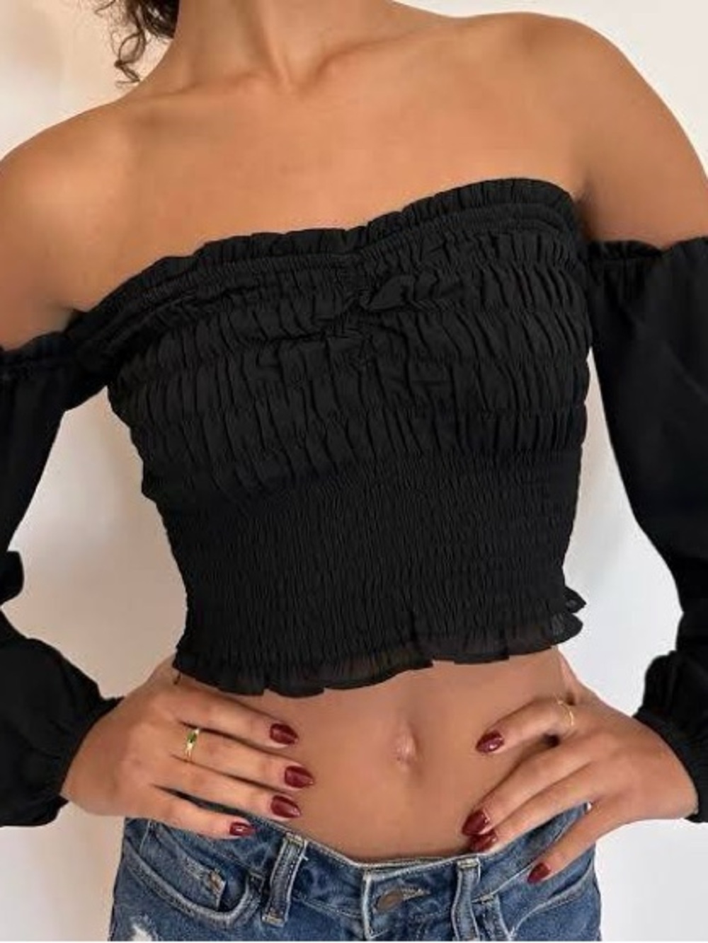 Abercrombie & Fitch Black Smocked Off-Shoulder Crop Top